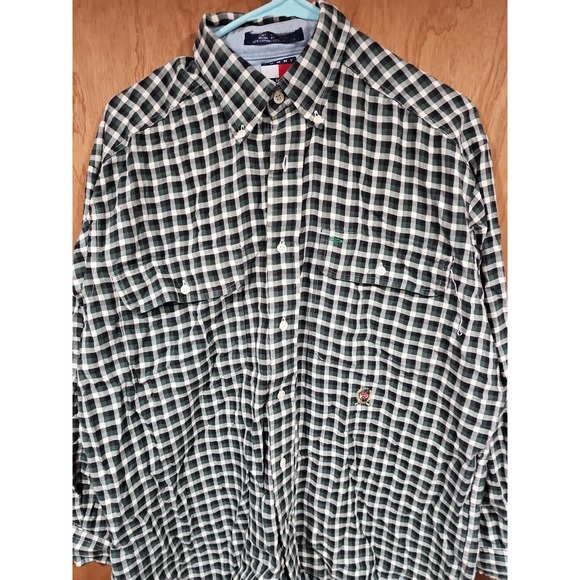 VTG Tommy Hilfiger Shirt Mens Small Button Up Green White Plaid - Picture 2 of 9